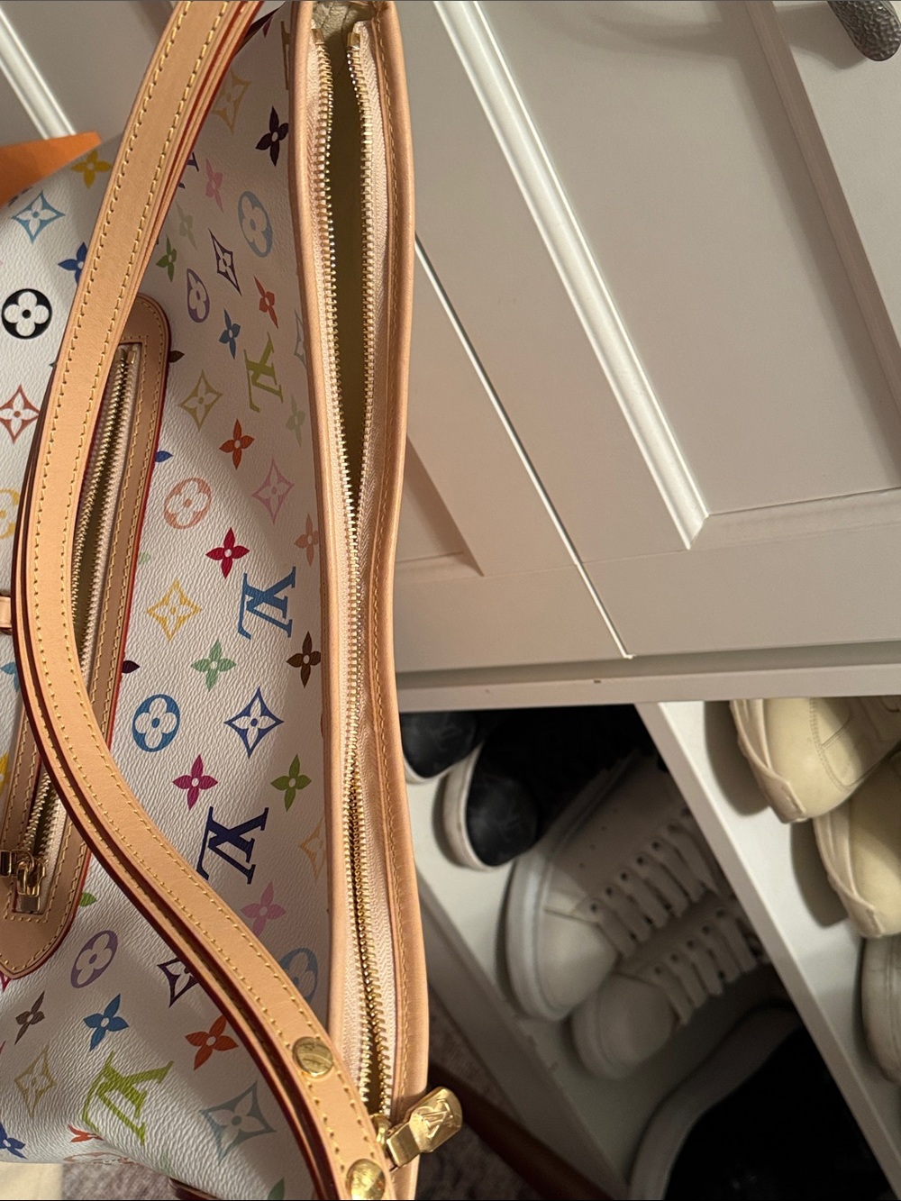 Louis Vuitton White Multicolor Monogram Shoulder Bag with Natural Leather Trim - Picture 9 of 9